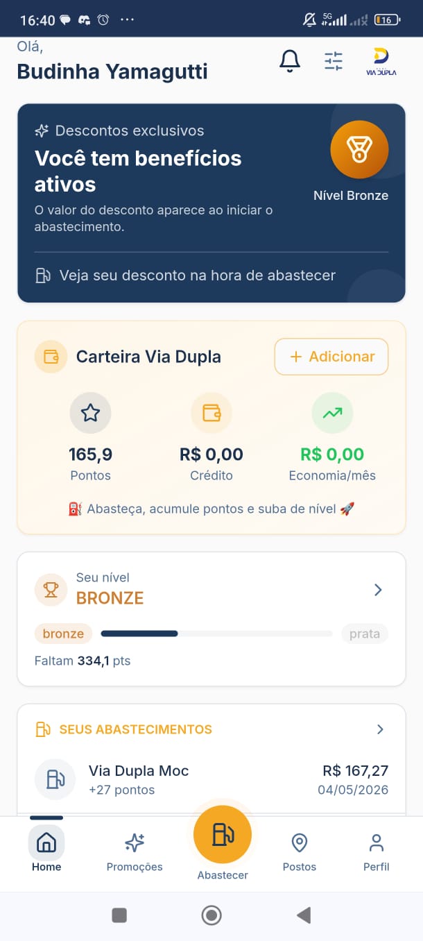 App fidelidade Via Dupla — tela do cliente