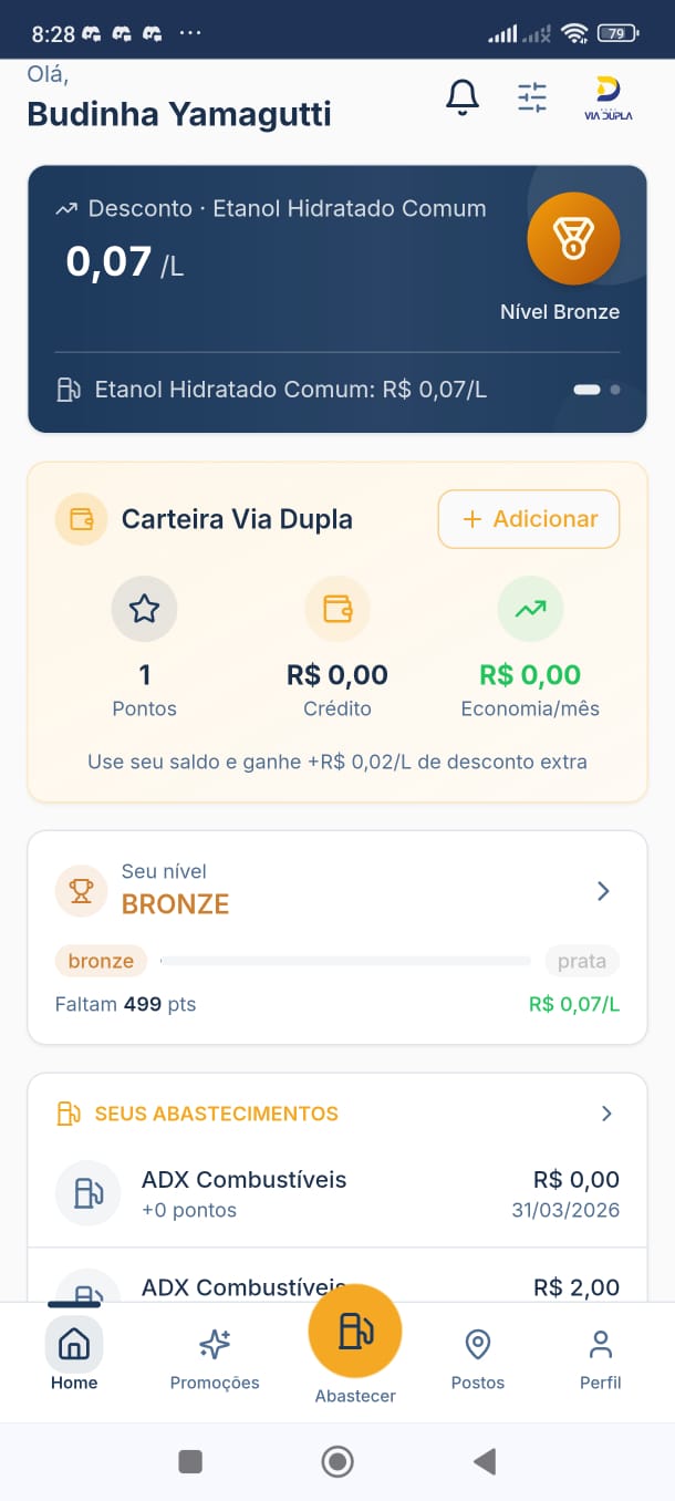App Via Dupla — tela inicial com pontos e abastecimentos