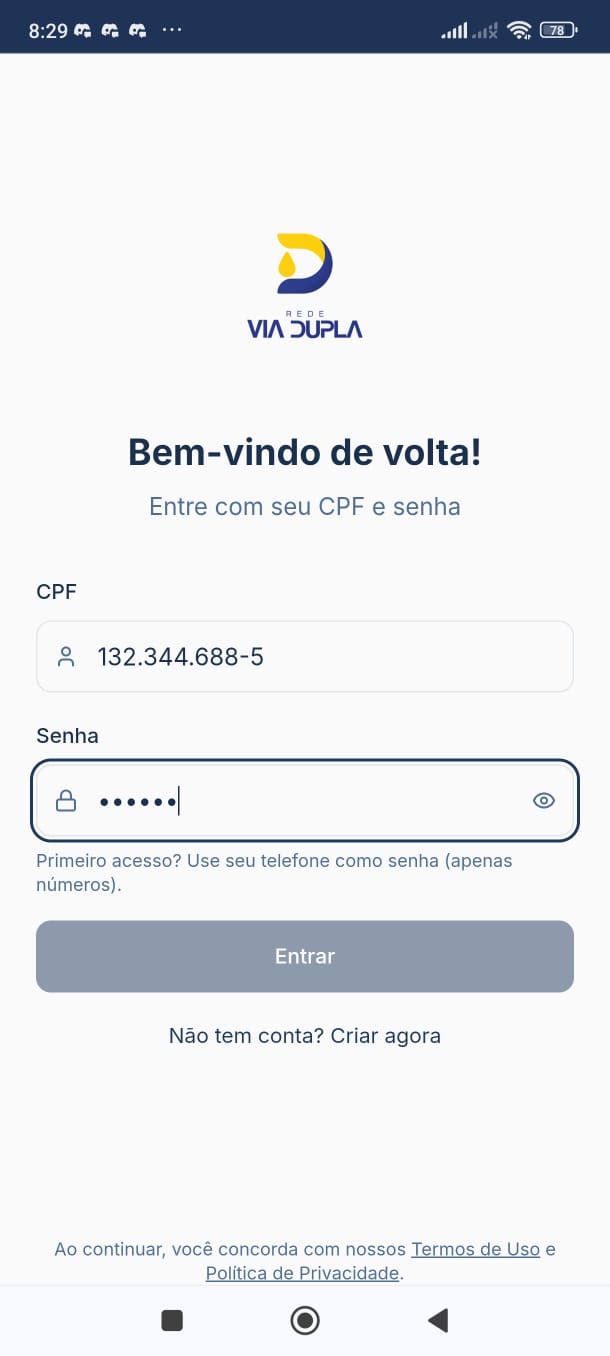 App Via Dupla — tela de login